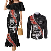 New Zealand Maori Warrior Rugby Couples Matching Mermaid Dress and Long Sleeve Button Shirt Maori and Silver Fern Half Style LT03 Black - Polynesian Pride