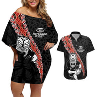 New Zealand Maori Warrior Rugby Couples Matching Off Shoulder Short Dress and Hawaiian Shirt Maori and Silver Fern Half Style LT03 Black - Polynesian Pride
