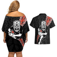 New Zealand Maori Warrior Rugby Couples Matching Off Shoulder Short Dress and Hawaiian Shirt Maori and Silver Fern Half Style LT03 - Polynesian Pride