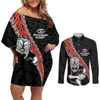 New Zealand Maori Warrior Rugby Couples Matching Off Shoulder Short Dress and Long Sleeve Button Shirt Maori and Silver Fern Half Style LT03 Black - Polynesian Pride