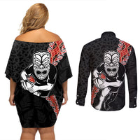 New Zealand Maori Warrior Rugby Couples Matching Off Shoulder Short Dress and Long Sleeve Button Shirt Maori and Silver Fern Half Style LT03 - Polynesian Pride