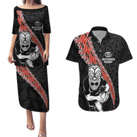 New Zealand Maori Warrior Rugby Couples Matching Puletasi and Hawaiian Shirt Maori and Silver Fern Half Style LT03 Black - Polynesian Pride