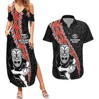 New Zealand Maori Warrior Rugby Couples Matching Summer Maxi Dress and Hawaiian Shirt Maori and Silver Fern Half Style LT03 Black - Polynesian Pride