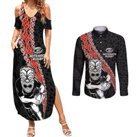 New Zealand Maori Warrior Rugby Couples Matching Summer Maxi Dress and Long Sleeve Button Shirt Maori and Silver Fern Half Style LT03 Black - Polynesian Pride