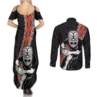 New Zealand Maori Warrior Rugby Couples Matching Summer Maxi Dress and Long Sleeve Button Shirt Maori and Silver Fern Half Style LT03 - Polynesian Pride