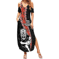 New Zealand Maori Warrior Rugby Summer Maxi Dress Maori and Silver Fern Half Style LT03 Women Black - Polynesian Pride