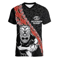 New Zealand Maori Warrior Rugby Women V-Neck T-Shirt Maori and Silver Fern Half Style