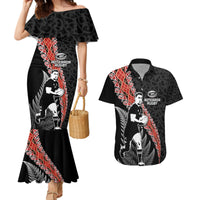 New Zealand Maori Rugby Player Couples Matching Mermaid Dress and Hawaiian Shirt Maori and Silver Fern Half Style LT03 Black - Polynesian Pride