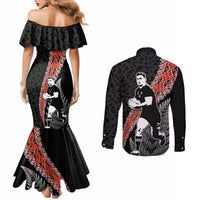 New Zealand Maori Rugby Player Couples Matching Mermaid Dress and Long Sleeve Button Shirt Maori and Silver Fern Half Style LT03 - Polynesian Pride