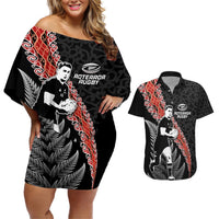 New Zealand Maori Rugby Player Couples Matching Off Shoulder Short Dress and Hawaiian Shirt Maori and Silver Fern Half Style LT03 Black - Polynesian Pride