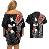 New Zealand Maori Rugby Player Couples Matching Off Shoulder Short Dress and Hawaiian Shirt Maori and Silver Fern Half Style LT03 - Polynesian Pride