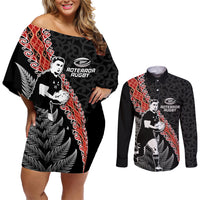 New Zealand Maori Rugby Player Couples Matching Off Shoulder Short Dress and Long Sleeve Button Shirt Maori and Silver Fern Half Style LT03 Black - Polynesian Pride