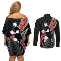 New Zealand Maori Rugby Player Couples Matching Off Shoulder Short Dress and Long Sleeve Button Shirt Maori and Silver Fern Half Style LT03 - Polynesian Pride