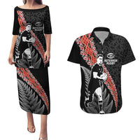 New Zealand Maori Rugby Player Couples Matching Puletasi and Hawaiian Shirt Maori and Silver Fern Half Style LT03 Black - Polynesian Pride