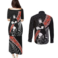 New Zealand Maori Rugby Player Couples Matching Puletasi and Long Sleeve Button Shirt Maori and Silver Fern Half Style LT03 - Polynesian Pride