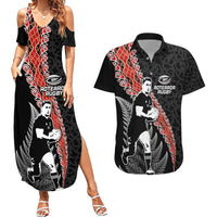New Zealand Maori Rugby Player Couples Matching Summer Maxi Dress and Hawaiian Shirt Maori and Silver Fern Half Style LT03 Black - Polynesian Pride