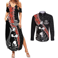 New Zealand Maori Rugby Player Couples Matching Summer Maxi Dress and Long Sleeve Button Shirt Maori and Silver Fern Half Style LT03 Black - Polynesian Pride