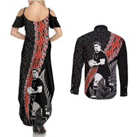 New Zealand Maori Rugby Player Couples Matching Summer Maxi Dress and Long Sleeve Button Shirt Maori and Silver Fern Half Style LT03 - Polynesian Pride