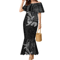 Hawaiian Monk Seal and Whale Family Matching Mermaid Dress and Hawaiian Shirt Kakau Tribal Pattern Grayscale LT03 Mom's Dress Black - Polynesian Pride