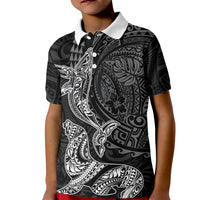 Hawaiian Monk Seal and Whale Kid Polo Shirt Kakau Tribal Pattern Grayscale