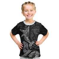 Hawaiian Monk Seal and Whale Kid T Shirt Kakau Tribal Pattern Grayscale