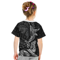 Hawaiian Monk Seal and Whale Kid T Shirt Kakau Tribal Pattern Grayscale