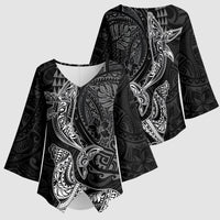 Hawaiian Monk Seal and Whale Kimono Sleeve Blouse Kakau Tribal Pattern Grayscale