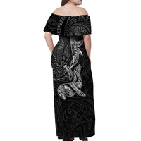 Hawaiian Monk Seal and Whale Off Shoulder Maxi Dress Kakau Tribal Pattern Grayscale