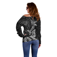 Hawaiian Monk Seal and Whale Off Shoulder Sweater Kakau Tribal Pattern Grayscale