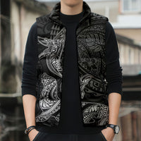 Hawaiian Monk Seal and Whale Sleeveless Puffer Jacket Kakau Tribal Pattern Grayscale