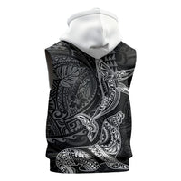 Hawaiian Monk Seal and Whale Sleeveless Zip Hoodie Kakau Tribal Pattern Grayscale