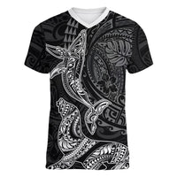 Hawaiian Monk Seal and Whale Women V-Neck T-Shirt Kakau Tribal Pattern Grayscale