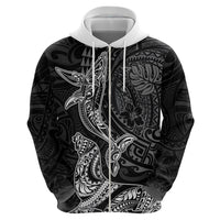 Hawaiian Monk Seal and Whale Zip Hoodie Kakau Tribal Pattern Grayscale