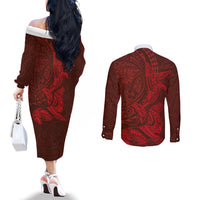 Hawaiian Monk Seal and Whale Couples Matching Off The Shoulder Long Sleeve Dress and Long Sleeve Button Shirt Kakau Tribal Pattern Red Color