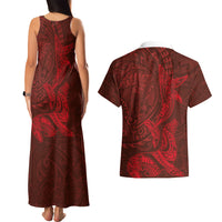 Hawaiian Monk Seal and Whale Couples Matching Tank Maxi Dress and Hawaiian Shirt Kakau Tribal Pattern Red Color