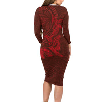Hawaiian Monk Seal and Whale Family Matching Long Sleeve Bodycon Dress and Hawaiian Shirt Kakau Tribal Pattern Red Color LT03 - Polynesian Pride