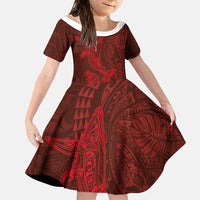Hawaiian Monk Seal and Whale Family Matching Off The Shoulder Long Sleeve Dress and Hawaiian Shirt Kakau Tribal Pattern Red Color LT03 Daughter's Dress Red - Polynesian Pride