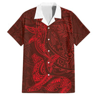 Hawaiian Monk Seal and Whale Family Matching Off The Shoulder Long Sleeve Dress and Hawaiian Shirt Kakau Tribal Pattern Red Color LT03 Dad's Shirt - Short Sleeve Red - Polynesian Pride