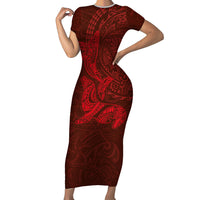 Hawaiian Monk Seal and Whale Family Matching Short Sleeve Bodycon Dress and Hawaiian Shirt Kakau Tribal Pattern Red Color LT03 Mom's Dress Red - Polynesian Pride