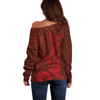Hawaiian Monk Seal and Whale Off Shoulder Sweater Kakau Tribal Pattern Red Color