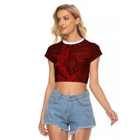 Hawaiian Monk Seal and Whale Raglan Cropped T Shirt Kakau Tribal Pattern Red Color