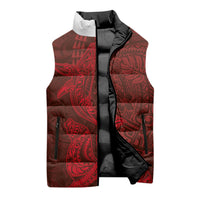 Hawaiian Monk Seal and Whale Sleeveless Puffer Jacket Kakau Tribal Pattern Red Color