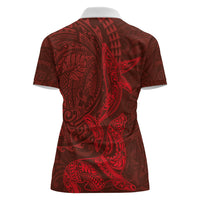 Hawaiian Monk Seal and Whale Women Polo Shirt Kakau Tribal Pattern Red Color