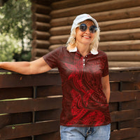Hawaiian Monk Seal and Whale Women Polo Shirt Kakau Tribal Pattern Red Color