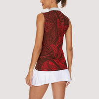 Hawaiian Monk Seal and Whale Women Sleeveless Polo Shirt Kakau Tribal Pattern Red Color