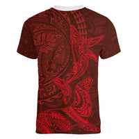Hawaiian Monk Seal and Whale Women V-Neck T-Shirt Kakau Tribal Pattern Red Color