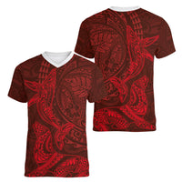 Hawaiian Monk Seal and Whale Women V-Neck T-Shirt Kakau Tribal Pattern Red Color