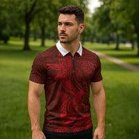 Hawaiian Monk Seal and Whale Zipper Polo Shirt Kakau Tribal Pattern Red Color