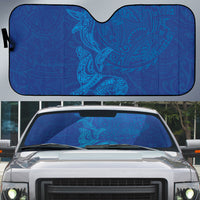 Hawaiian Monk Seal and Whale Auto Sun Shade Kakau Tribal Pattern Blue Color