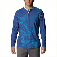 Hawaiian Monk Seal and Whale Button Sweatshirt Kakau Tribal Pattern Blue Color